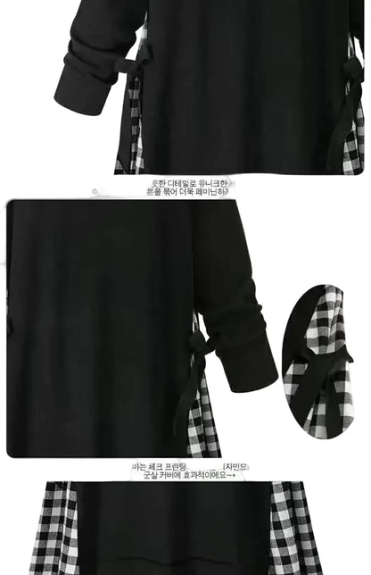 🍒Long sleeve round neck dress plaid a-line outfit midi plus size smart casual women black and white clothes  Put On Plaid-attitude