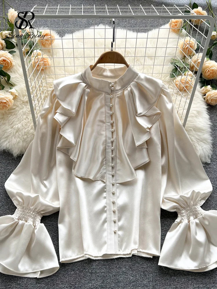 🍒High quality satin blouse loose puff sleeve shirt with flared sleeves ruffle shirt for party wear with beading top women’s feminine office wear Girly Pearl