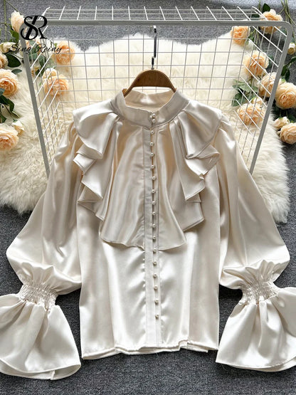 🍒High quality satin blouse loose puff sleeve shirt with flared sleeves ruffle shirt for party wear with beading top women’s feminine office wear Girly Pearl