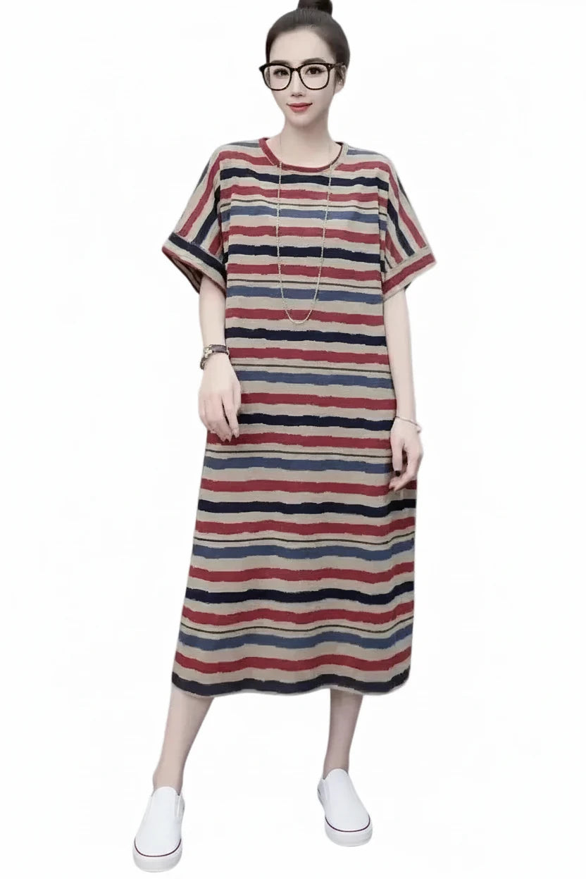 🍒Striped t-shirt dress A- line knee length outfit plus size slimming clothes for plus size women spring summer fashion   Stripe A- Pose