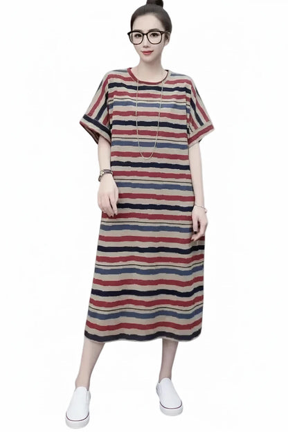 🍒Striped t-shirt dress A- line knee length outfit plus size slimming clothes for plus size women spring summer fashion   Stripe A- Pose