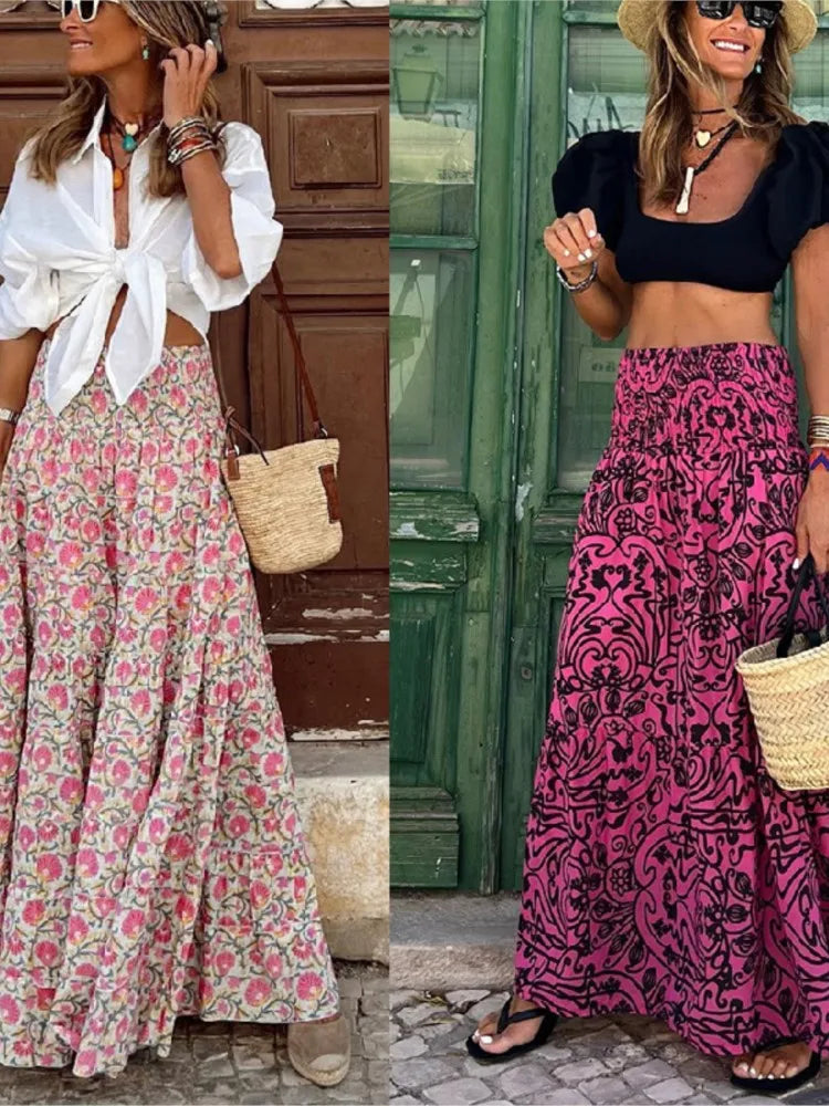 🍒Printed summer skirt boho summer fashions casual wear clothing beach party clothes loose a-line travel skirt elegant bohemian style wear Peacock In Pretty Pinks