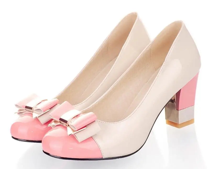 🍒Colour block heels women's thick high shoes with bow on them pastel footwear for occasion party pumps pink and others Size 34-43 Treat Your Self To These Sweets