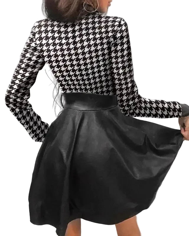 🍒Pu leather dress for women  lace mesh sleeve mixed media fashion party dress mini elegant stand neck collar a-line outfit Pretty Plaid Pu