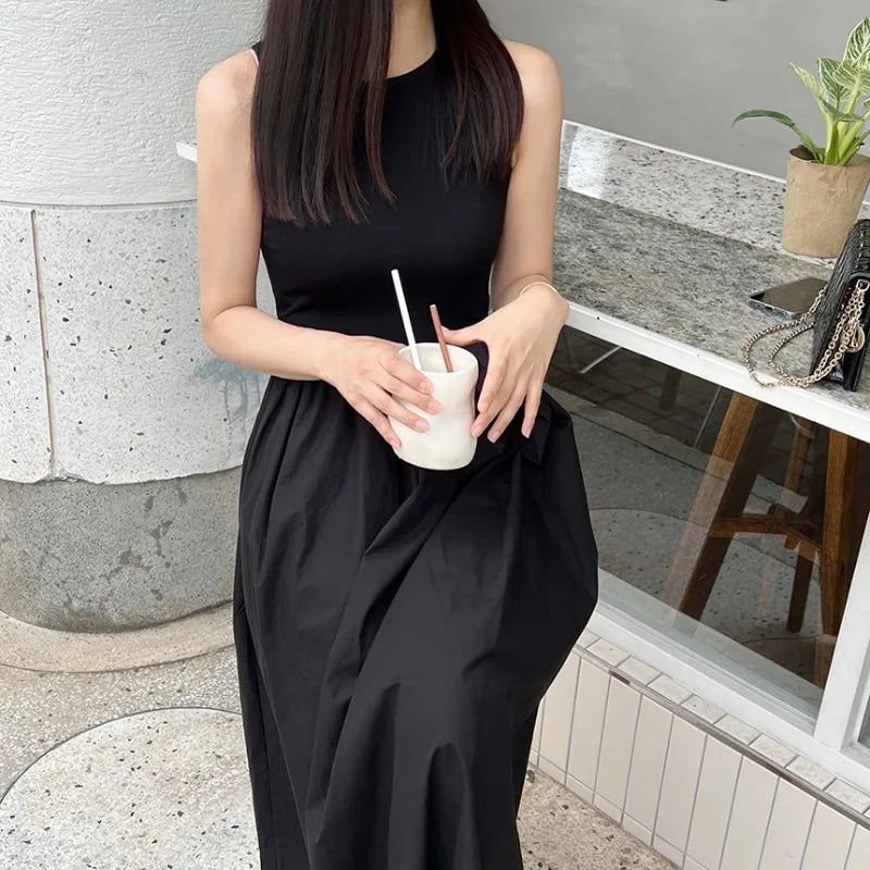 🍒Long dresses high waist summer round neck maxi dress sleeveless women fashion simple style elegant long black outfit smart casual wear