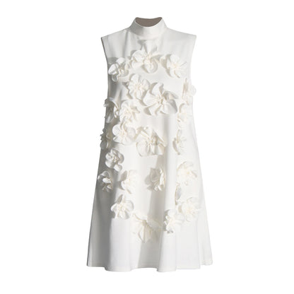 🍒Soild 3D applique dress mini for women smart casual stand collar outfit sleeveless tie bow collar chic female fashion occasion party wear Awesome Applique
