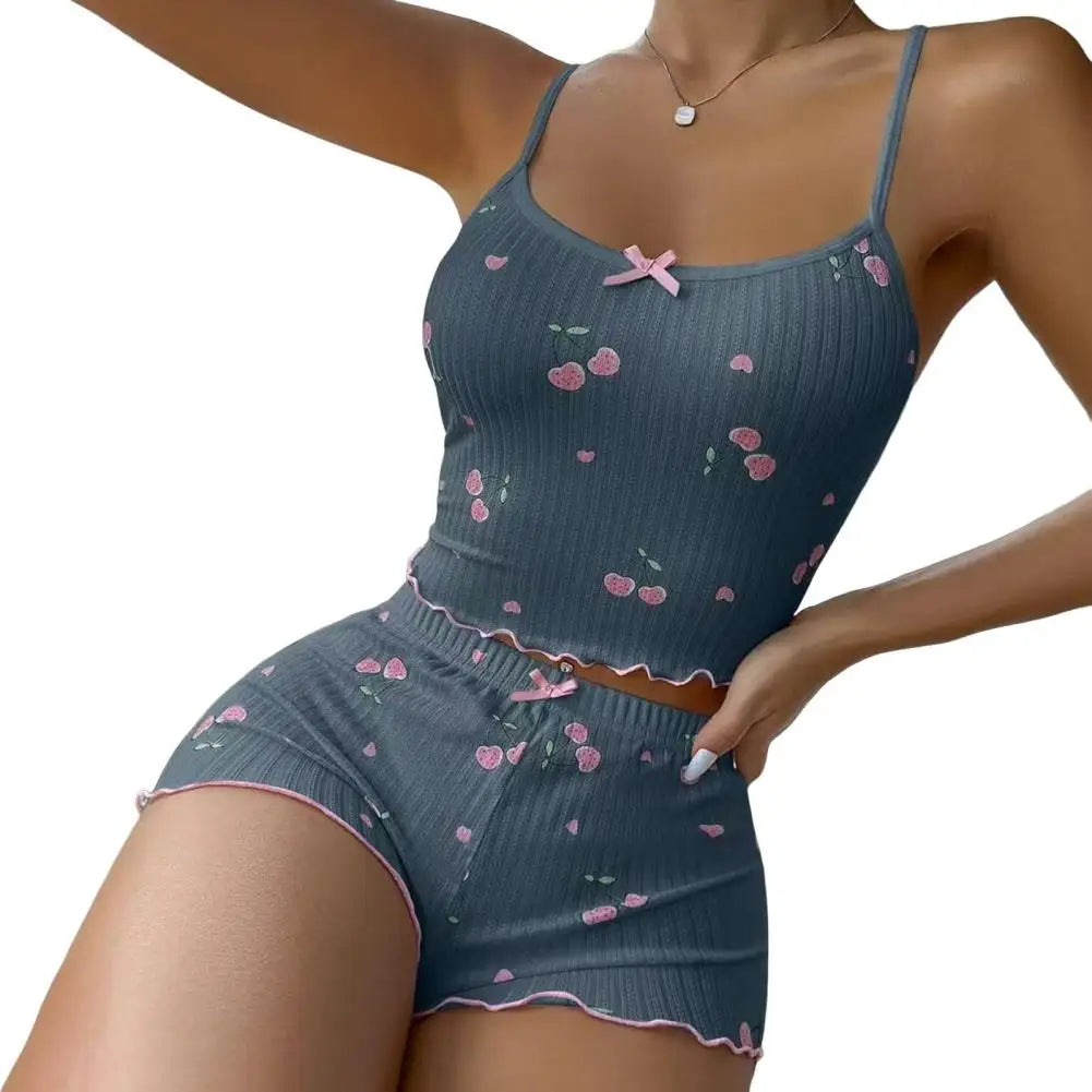 🍒Women vest and shorts set with bow cherry print sphagetti strap top and sleep shorts high waisted loungewear cami set outfit summer sleepwear don't Get SHORT on SLEEPWEAR wear
