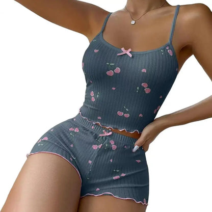 🍒Women vest and shorts set with bow cherry print sphagetti strap top and sleep shorts high waisted loungewear cami set outfit summer sleepwear don't Get SHORT on SLEEPWEAR wear