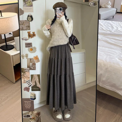 🍒Women's knitted skirts high waisted long loose soft a-line fashion tiered midi skirt outfit casual preppy style clothing  Ease Into Jersey