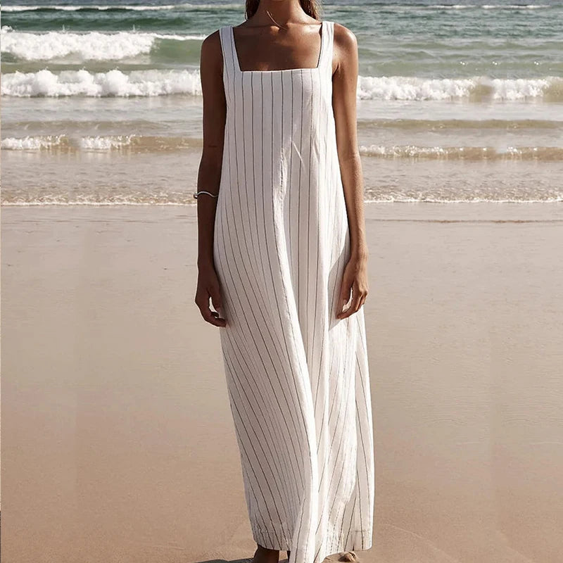 🍒Casual square maxi dress style long striped outfit wornen straps square neck beachwear clothing elegant loose sundress
