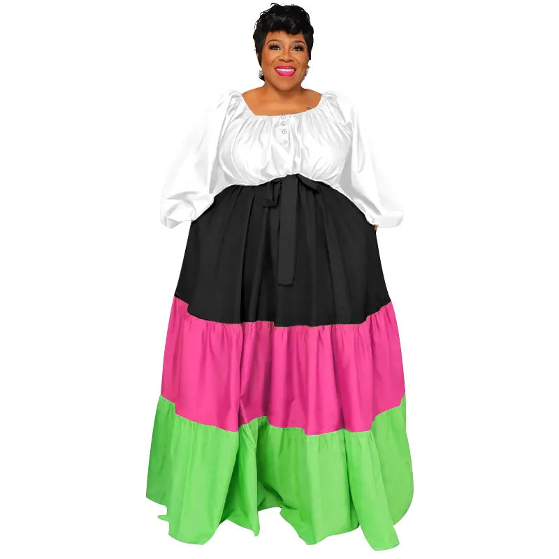 🍒Plus size womens dress colourful clothing puff sleeve maxi outfit long stleeve slash neck patchwork female casual wear Casual long dress Get Into Colour L-5XL