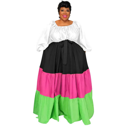 🍒Plus size womens dress colourful clothing puff sleeve maxi outfit long stleeve slash neck patchwork female casual wear Casual long dress Get Into Colour L-5XL