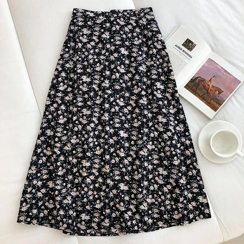 🍒Vintage floral midi skirt summer high waist fashion wear flor Woman ditsy print clothing Versatile wear casual clothes Versatile Print Mint Vint