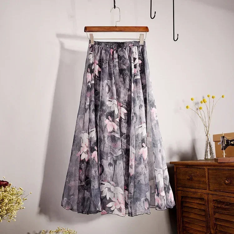 🍒Vintage bohemian long skirt full elegant chiffon fashion beach wear smart casual women high waist maxi skirt outfit summer Clothing Fill Your Basket With Roses