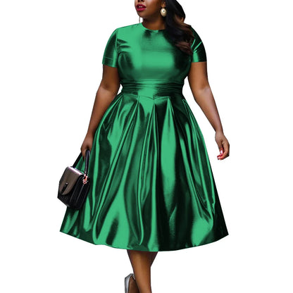 🍒A-line shiny dress metallic short sleeve midi for women plus size outfit fit and flare elastic dress smart casual clothing Summer Stunner