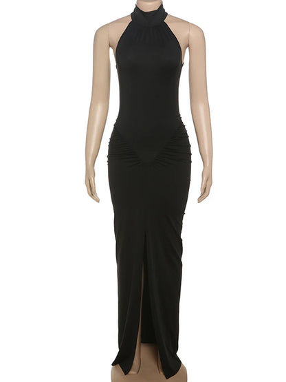 🍒sleeveless maxi dress ruched sides turtle neck fashion women bodycon with slit Prom wear occasion party wear curvy evening wear