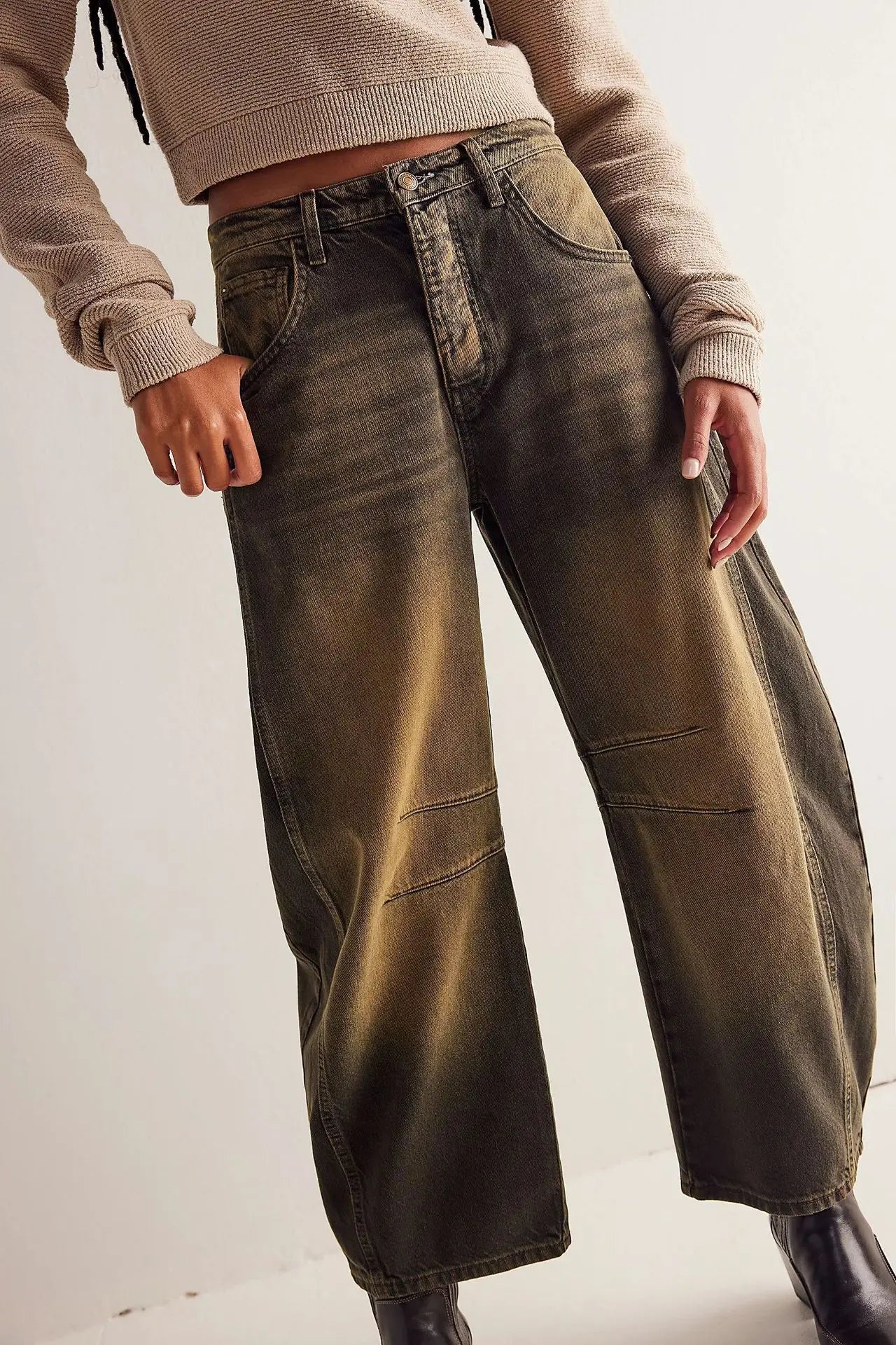 🍒Loose mid waist Jeans bleached denim style full length pants fashion solid colour trousers with pockets casual wear for women Barrels Of Style