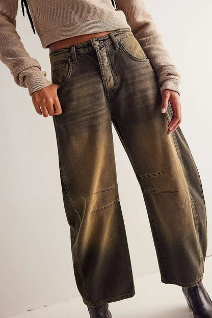 🍒Loose mid waist Jeans bleached denim style full length pants fashion solid colour trousers with pockets casual wear for women Barrels Of Style