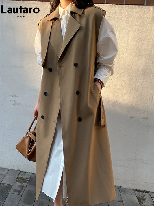 🍒Sleeveless trench coat for women with belt double breasted long vest maxi outerwear female loose autumn spring fashion Trendy Trench Trend