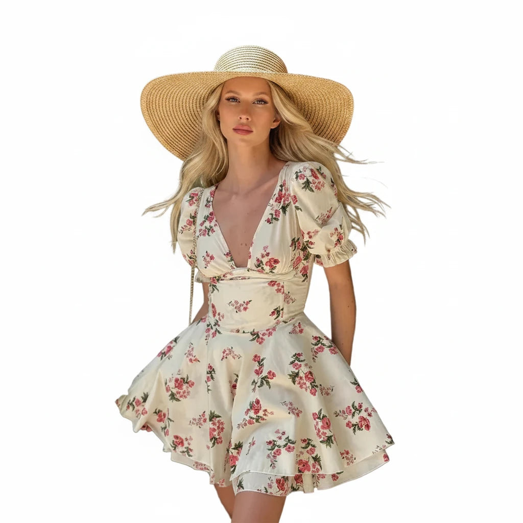 🍒Elegant party dresses for women vintage rose floral a-line outfit mini summer clothing wear with fitted waist printed v -neck short puff sleeve layered smart casual clothes beach party wear Mini Rose Pose