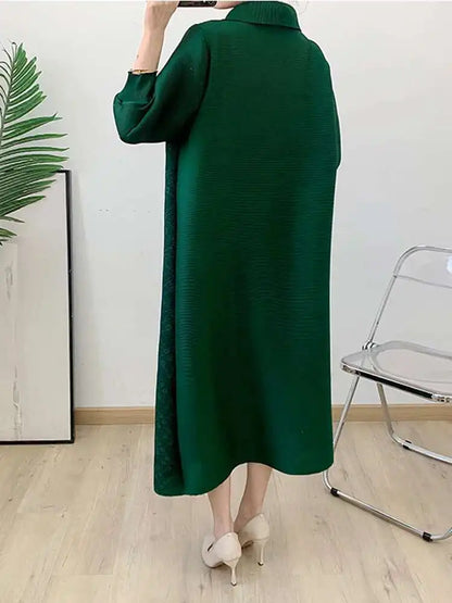 🍒Pleated dress for women spring  high-end occasion wear lapel coat outfit loose beaded long sleeve maxi elastic female fashion 6R5109
