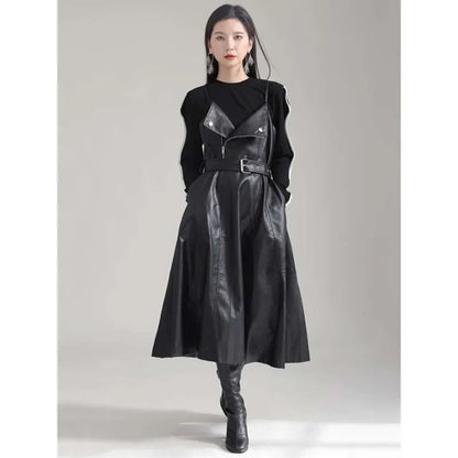 🍒Black faux leather dress spaghetti strap pu outfit with zip front sleeveless belted midi a-line dress party occasion wear sleeveless wear for women Like A Biker