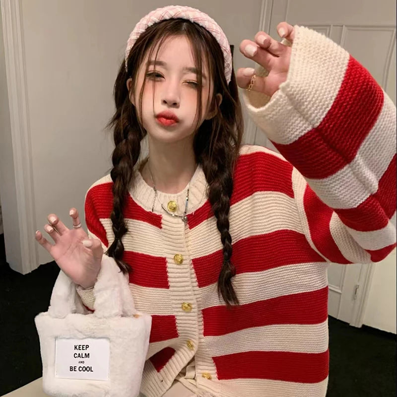 🍒Striped womens cardigan Y2K asthetics sweet knitted jacket retro long sleeve sweater weather clothes spring autumn wear loose casual crop tops Cherri And Cream Stripe Delight