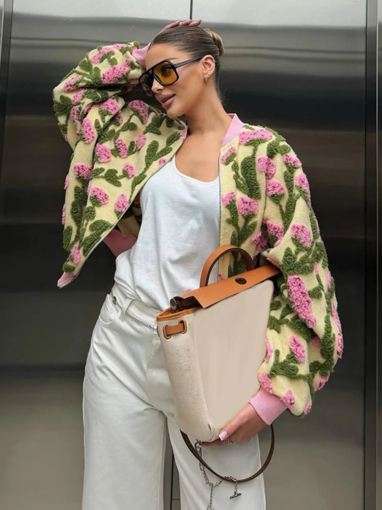 🍒Floral fleece bomber jacket women smart casual elegant stand collar bomber embroidery long sleeve zip up short coat spring outerwear 3D clothing  Fab Fleece Flowery Fashion Fun