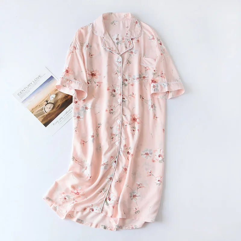 🍒Womens pyjama nightie cotton viscose comfy cardigan nightdress loose fit short sleeve nightgown floral print night wear sleep dress Comfort Cool