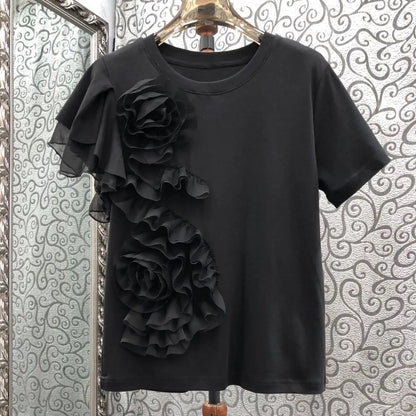 🍒3D flower top with ruffles  round neck short sleeved t-shirt smart casual party wear for women Time For A Rosy Lee Te'