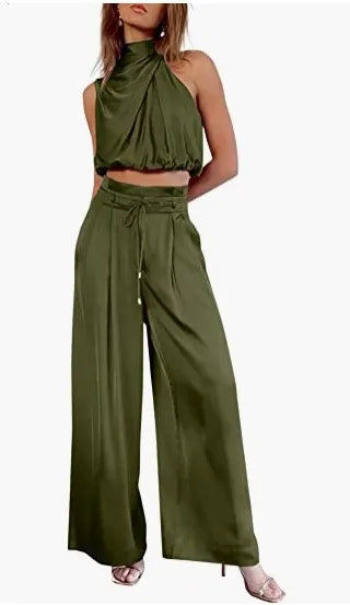 🍒Two piece pant sets for women open navel outfit silky sleeveless tops and wide leg trousers smart casual clothing summer fashion wear club wear party occasion wear 2 piece Sets pop this CROP and get SET for WIDE approval