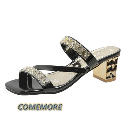 🍒Metalic sandals summer crystal high heels party shoes smart casual comfortable block heel sliders occasion footwear Crystal Cutes
