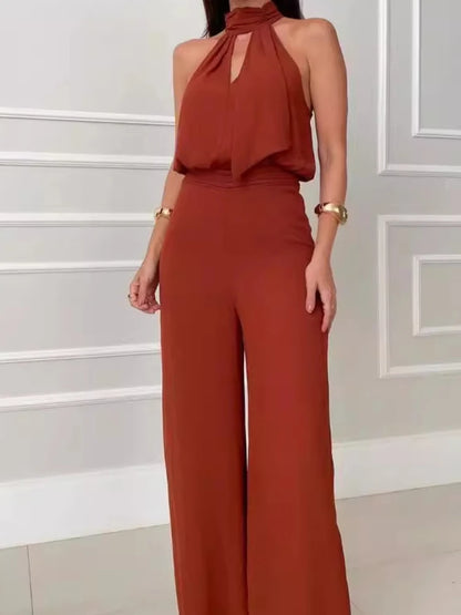 🍒Womens two piece sets lomg  pants and top round neck sleeveless set solid casual hollow out tank and wide leg long pants elegant occasion party wear Top Trouser Top Shop
