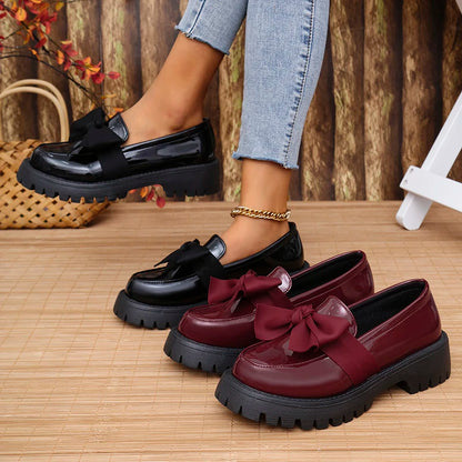 🍒Bow shoes for women's smart casual platform loafers fashion wine red patent leather footwear comfort slip on flat pumps plus size available Bob Along Bows