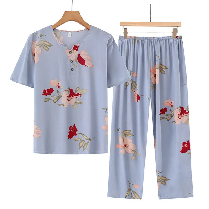 🍒Cotton rayon pajama set short sleeved top cropped and pants set two piece sleep wear for women lounge wear suit holiday clothing beach wear No Care Wear