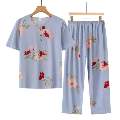 🍒Cotton rayon pajama set short sleeved top cropped and pants set two piece sleep wear for women lounge wear suit holiday clothing beach wear No Care Wear