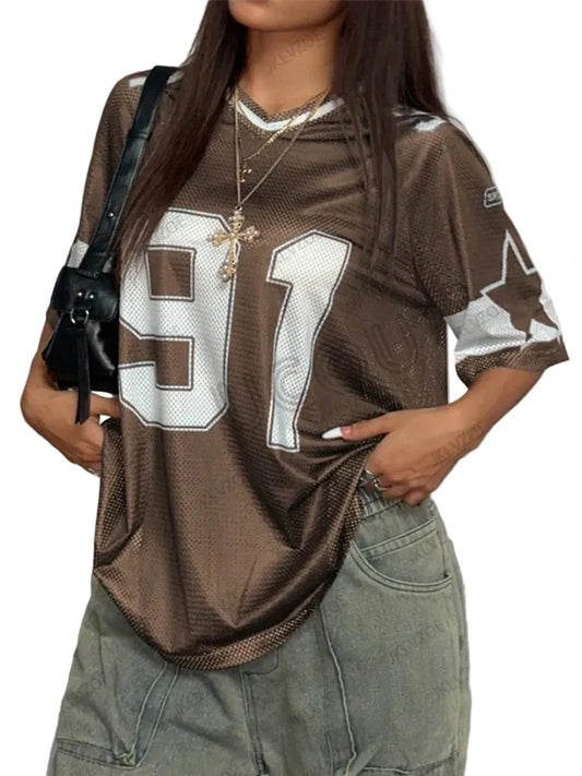 🍒Summer print t-shirt v-neck patchwork short sleeve sports top for women football Jersey y2k loose oversized tops  have a BALL with BASEic-ies