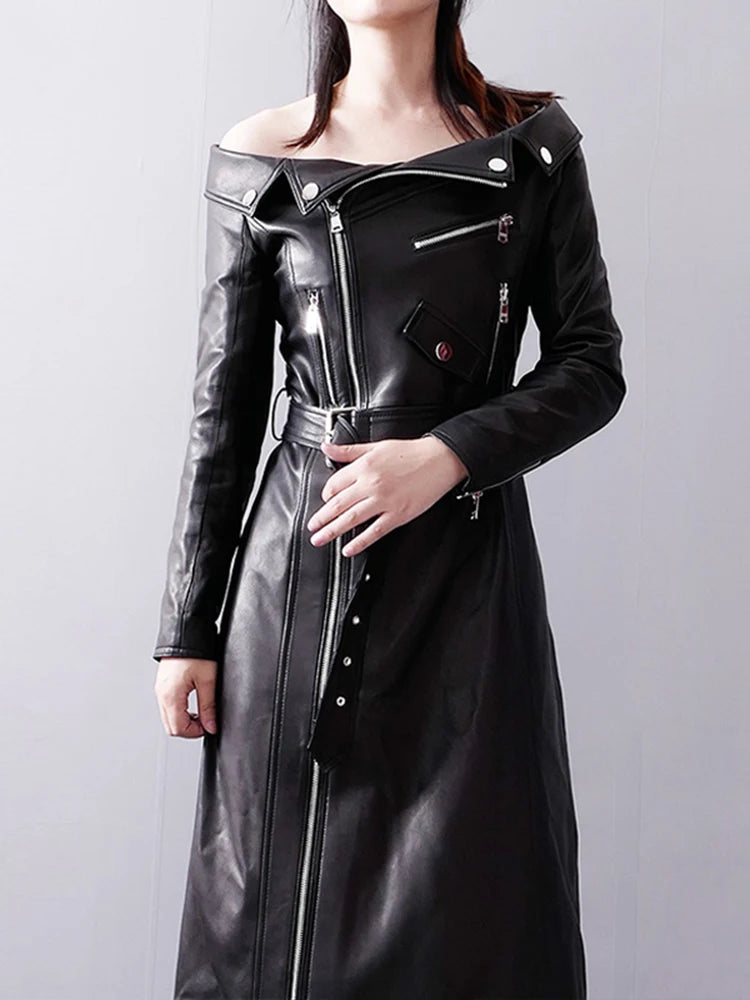 🍒Leather long dresses with side split for women slash neck red black pu outfit long sleeve shoulderless for occasions party wear club wear REDiculously Cool