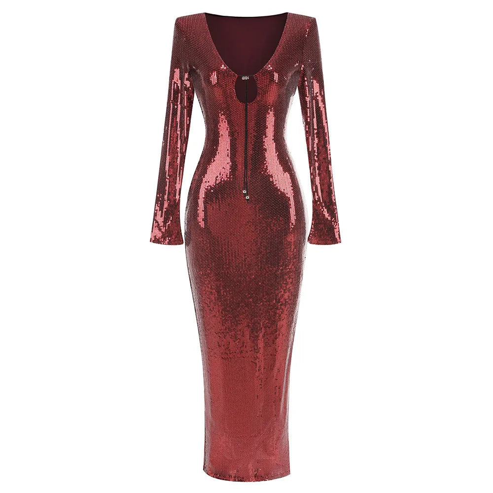 🍒V Neck sequin maxi dress long sleeve sequin bodycon celebrity night gown womens party outfit Be The Jewel In Your Own Crown