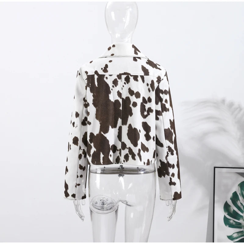 🍒Women's cow print Jacket with lapel collar short zipper coat for smart casual female outerwear  Warm    Milk (it) A Cow