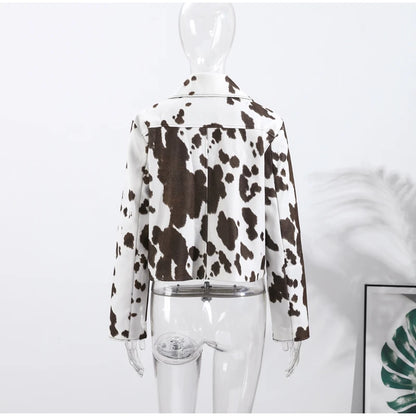 🍒Women's cow print Jacket with lapel collar short zipper coat for smart casual female outerwear  Warm    Milk (it) A Cow