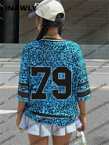 🍒Leopard print tops for women new york 79 print t-shirt summer short sleeve t-shirt v-neck mesh jersey top sport football style Y2K female clothing