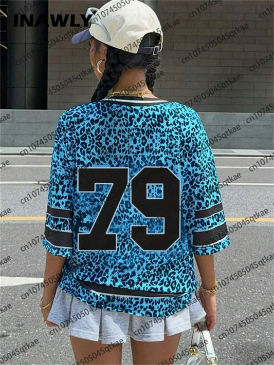 🍒Leopard print tops for women new york 79 print t-shirt summer short sleeve t-shirt v-neck mesh jersey top sport football style Y2K female clothing
