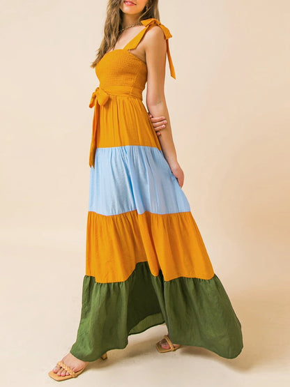 🍒Women’s tie shoulder dress summer sleeveless contrast colour outfit a-line long flowy summer wear female casual clothes Get On The BANDwagon With STRIPES