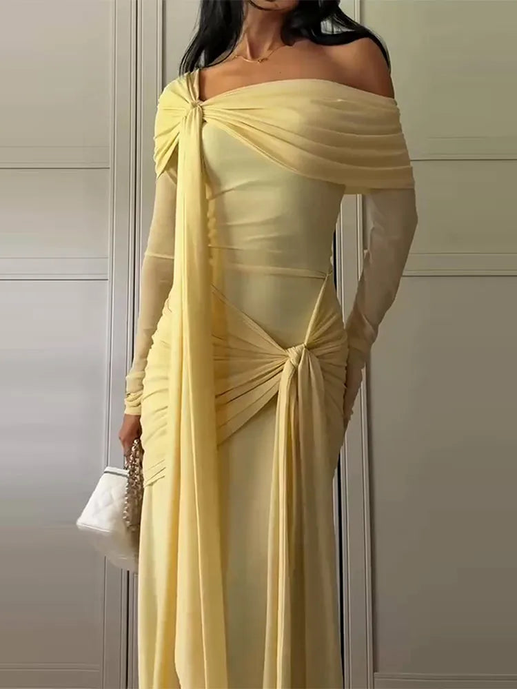 🍒Solid pleated off shoulder maxi dress elegant summer clothes women long sleeve party dress chic occasion wear Get Sun Drenched