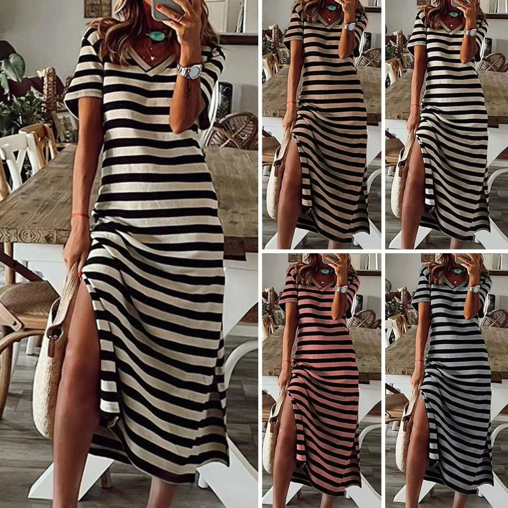 🍒Women's v-neck long dress stripes print fashion dailywear outdoor loose short sleeve dresse spring summer casual wear Like A Stripe