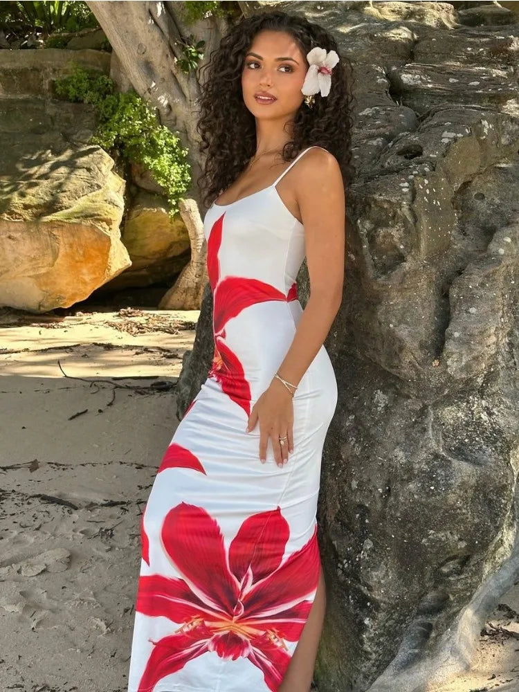 🍒 Summer printed maxi dress floral women spaghetti straps clothes holiday wear outfits backless fashion smart casual wear female long dress mini floral