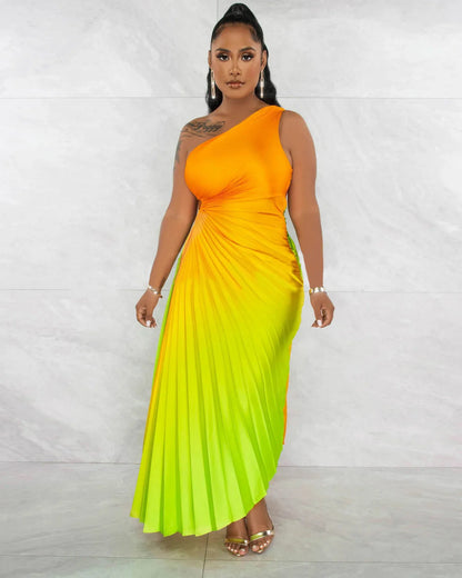 🍒One shoulder midi multicolour gradient printed dress pleated roll waist irregular hem maxi dress big sundial style midaxi outfit Sweet Summer Sundial