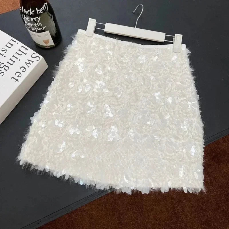 🍒High waist a-line mini skirt solid color smart casual clothes womens spring summer faxhion Y2k sequin clothing Get This feather and pluck out at that special occasion