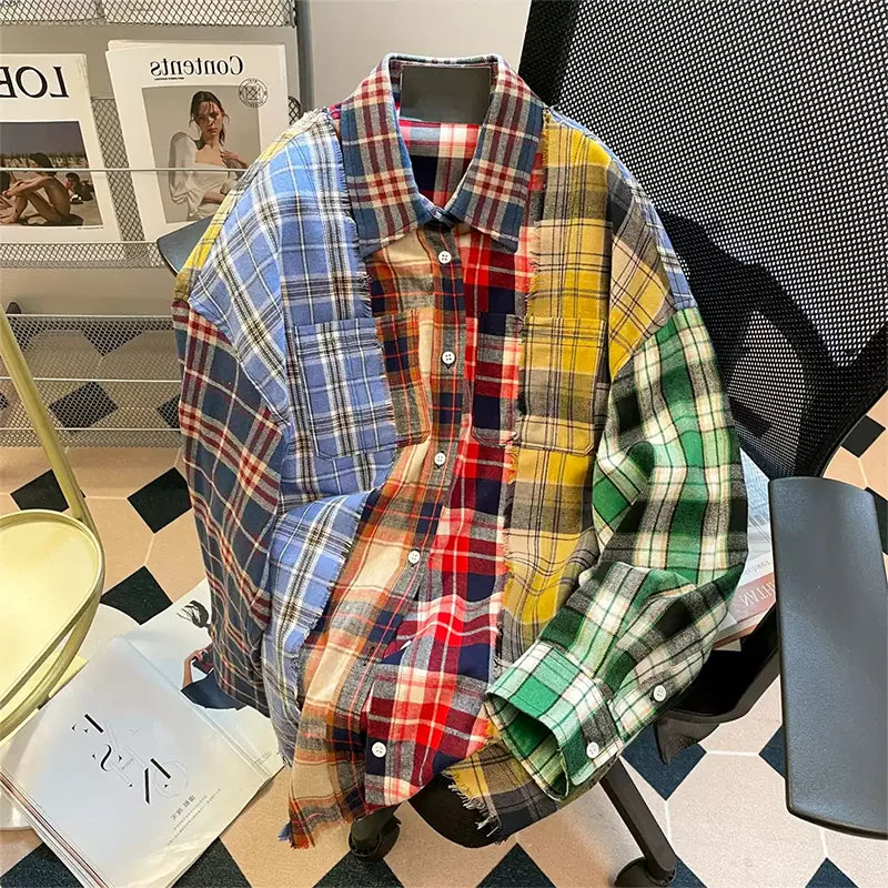 🍒Women's checkered collared  shirt spliced long sleeve shiirt Y2K american streetwear aesthetic college 2000s top retro shirt casual clothing Get Your Neck In A check
